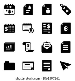 Solid vector icon set - christmas calendar vector, patient card, diet list, medical label, finance, account statement, statistics report, history, opened mail, document, folder, schedule, agreement
