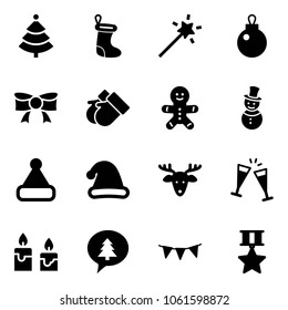 Solid vector icon set - christmas tree vector, sock, Magic wand, bow, gloves, cake man, snowman, hat, deer, wine glasses, candle, merry message, flag garland, star medal
