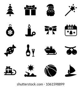 Solid vector icon set - christmas tree vector, gift, santa claus, Magic wand, ball, candle, bow, calendar, candy, wine, sleigh, rowanberry, reading, windsurfing