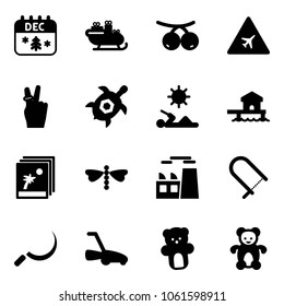 Solid vector icon set - christmas calendar vector, santa sleigh, rowanberry, airport road sign, victory, sea turtle, reading, bungalow, photo, dragonfly, plant, fretsaw, sickle, lawn mower, bear toy