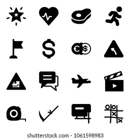 Solid vector icon set - christmas star vector, heart pulse, meat, run, flag, dollar, euro, turn left road sign, railway intersection, chat, plane, movie flap, measuring tape, scythe, jig saw