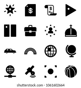 Solid vector icon set - christmas star vector, account statement, history, play, pause, portfolio, man, crown, limousine, rainbow, globe, satellite, record button, basketball