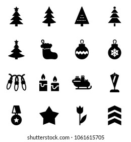 Solid vector icon set - christmas tree vector, sock, ball, garland, candle, santa sleigh, pennant, star medal, tulip, chevron