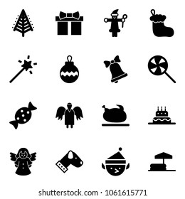Solid vector icon set - christmas tree vector, gift, santa claus, sock, Magic wand, ball, bell, lollipop, candy, angel, turkey, cake, dog, elf, inflatable pool