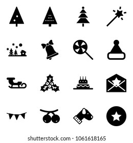 Solid vector icon set - christmas tree vector, Magic wand, landscape, bell, lollipop, hat, sleigh, holly, cake, star letter, flag garland, rowanberry, dog, medal