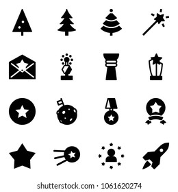 Solid vector icon set - christmas tree vector, Magic wand, star letter, award, medal, moon flag, first satellite, man, rocket