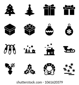 Solid vector icon set - christmas tree vector, gift, ball, garland, landscape, house, sleigh, holly, wreath, sale