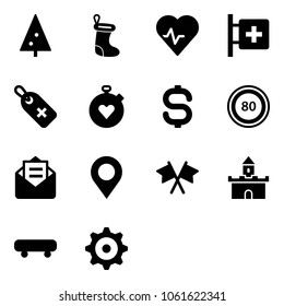 Solid vector icon set - christmas tree vector, sock, heart pulse, first aid room, medical label, stopwatch, dollar sign, speed limit 80 road, opened mail, map pin, flags cross, sand fort, skateboard