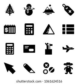 Solid vector icon set - christmas tree vector, snowman, mountains, medical label, finance calendar, calculator, landslide road sign, menu, envelope, win, plane, cursor, work knife, rivet, doll