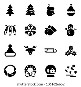 Solid vector icon set - christmas tree vector, glove, ball, garland, snowflake, gloves, snowman, hat, deer, sleigh, holly, wreath, snowball house, sale