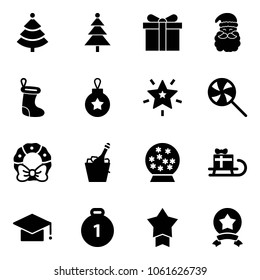 Solid vector icon set - christmas tree vector, gift, santa claus, sock, ball, star, lollipop, wreath, champagne, snowball, sleigh, graduate hat, gold medal
