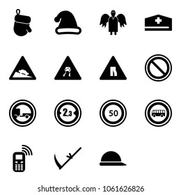 Solid vector icon set - christmas glove vector, hat, angel, doctor, steep descent road sign, slippery, narrows, prohibition, no trailer, limited width, speed limit 50, bus, mobile phone, scythe