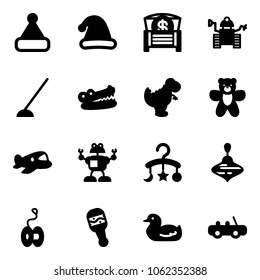 Solid vector icon set - christmas hat vector, money chest, robot, hoe, crocodile, dinosaur toy, bear, plane, baby carousel, wirligig, yoyo, beanbag, duck, car