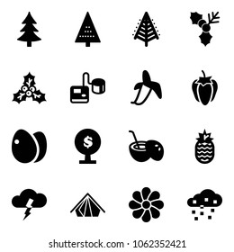 Solid vector icon set - christmas tree vector, holly, tonometer, banana, sweet pepper, eggs, money, coconut cocktail, pineapple, storm, tent, flower, snow
