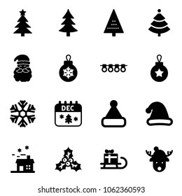 Solid vector icon set - christmas tree vector, santa claus, ball, garland, snowflake, calendar, hat, house, holly, sleigh gift, deer