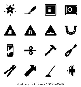 Solid vector icon set - christmas star vector, scalpel, safe, Road narrows sign, artificial unevenness, luck, drink, steel rolling, hammer, chisel, bolt cutter, screw, hoe, allen key set