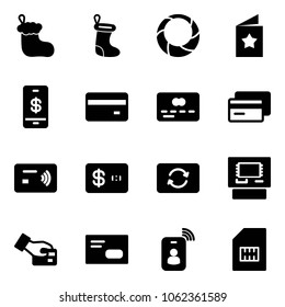 Solid vector icon set - christmas sock vector, wreath, star postcard, mobile payment, credit card, tap pay, exchange, atm, envelope, identity, sim