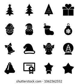 Solid vector icon set - christmas tree vector, gift, santa claus, sock, ball, bell, hat, angel, snowball, certificate, star medal