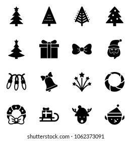 Solid vector icon set - christmas tree vector, gift, bow, santa claus, garland, bell, firework, wreath, sleigh, deer hat, elf