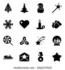 Solid vector icon set - christmas tree vector, santa claus, Magic wand, snowflake, heart, candle, gloves, lollipop, holly, falling star, snowball house, snowmobile, letter, medal