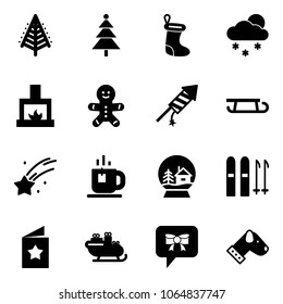 Solid vector icon set - christmas tree vector, sock, snowfall, fireplace, cake man, firework rocket, sleigh, falling star, tea, snowball house, ski, postcard, santa, bow message, dog