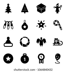 Solid vector icon set - christmas tree vector, gift, santa claus, garland, ball, star, lollipop, hat, wreath, angel, sleigh, medal, gold, balloon smile