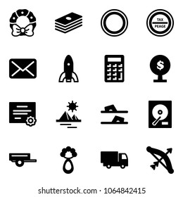 Solid vector icon set - christmas wreath vector, dollar, prohibition road sign, tax peage, mail, rocket, calculator, money tree, certificate, pyramid, flip flops, hdd, trailer, beanbag, truck toy