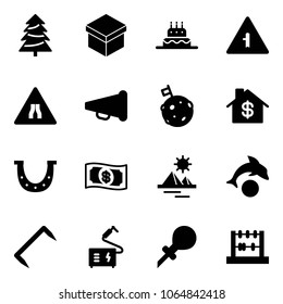 Solid vector icon set - christmas tree vector, gift, cake, intersection road sign, narrows, speaker horn, moon flag, home dollar, luck, money, pyramid, dolphin, staple, welding, oiler, abacus