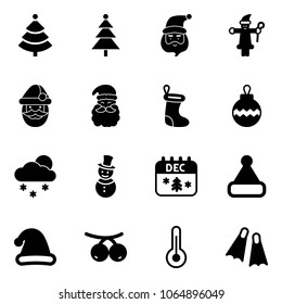 Solid vector icon set - christmas tree vector, santa claus, sock, ball, snowfall, snowman, calendar, hat, rowanberry, thermometer, flippers