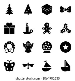 Solid vector icon set - christmas tree vector, gift, bow, candle, cake man, holly, wreath, angel, snowball, star medal, butterfly, dragonfly, sailboat toy
