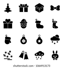 Solid vector icon set - christmas tree vector, gift, bow, santa claus, sock, glove, ball, snowfall, sale, flippers, snow, toy rabbit