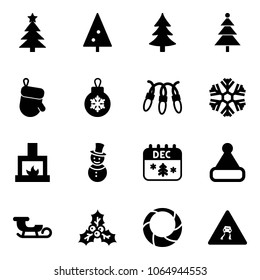 Solid vector icon set - christmas tree vector, glove, ball, garland, snowflake, fireplace, snowman, calendar, hat, sleigh, holly, wreath, slippery road sign