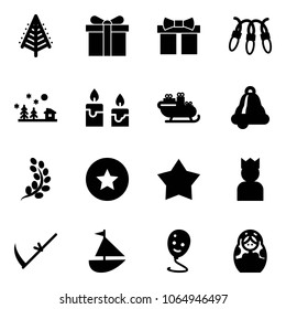 Solid vector icon set - christmas tree vector, gift, garland, landscape, candle, santa sleigh, bell, golden branch, star medal, king, scythe, sailboat toy, balloon smile, russian doll