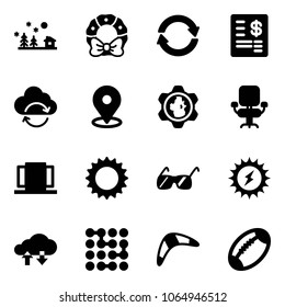 Solid vector icon set - christmas landscape vector, wreath, exchange, account statement, refresh cloud, map pin, gear globe, office chair, doors, sun, sunglasses, power, data, circuit, boomerang