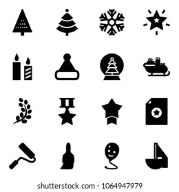 Solid vector icon set - christmas tree vector, snowflake, star, candle, hat, snowball, santa sleigh, golden branch, medal, certificate, paint roller, brush, balloon smile, sailboat toy