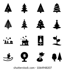 Solid vector icon set - christmas tree vector, landscape, house, mobile, sproute, hand, money, palm, forest