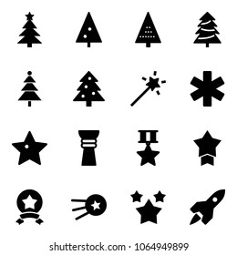 Solid vector icon set - christmas tree vector, Magic wand, ambulance star, award, medal, first satellite, stars, rocket