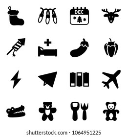 Solid vector icon set - christmas sock vector, garland, calendar, deer, firework rocket, hospital bed, eggplant, sweet pepper, lightning, paper fly, battery, plane, crocodile, bear toy, shovel fork
