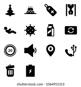 Solid vector icon set - christmas tree vector, cake, medical label, pull ups, abdominal muscles, virus, milk, card exchange, speed limit 20 road sign, low volume, atm map pin, phone, trash bin