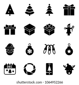 Solid vector icon set - christmas tree vector, gift, santa claus, ball, garland, calendar, wreath, mobile, deer hat