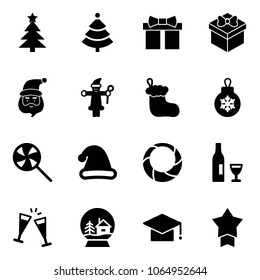 Solid vector icon set - christmas tree vector, gift, santa claus, sock, ball, lollipop, hat, wreath, wine, glasses, snowball house, graduate, star medal