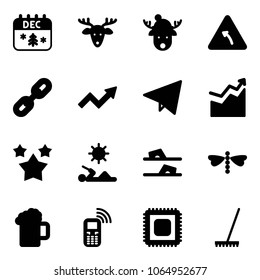 Solid vector icon set - christmas calendar vector, deer, hat, turn left road sign, link, growth arrow, paper fly, stars, reading, flip flops, dragonfly, beer, mobile phone, cpu, rake