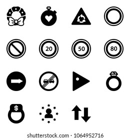 Solid vector icon set - christmas wreath vector, stopwatch heart, round motion road sign, prohibition, speed limit 20, 50, 80, only right, end overtake, play, diamond ring, finger, star man