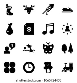 Solid vector icon set - christmas sock vector, deer, firework rocket, snowmobile, pear, account statement, music, star man, money dialog, palm, butterfly, forest, atom core, clock, bear toy, train