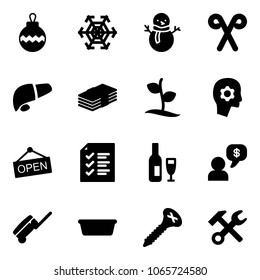 Solid vector icon set - christmas ball vector, snowflake, snowman, santa stick, liver, dollar, sproute, brain work, open, list, wine, money dialog, suitcase, basin, screw, wrench hammer