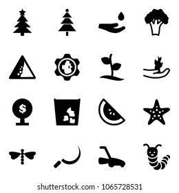 Solid vector icon set - christmas tree vector, drop hand, broccoli, landslide road sign, gear globe, sproute, money, garbage, watermelone, starfish, dragonfly, sickle, lawn mower, toy caterpillar