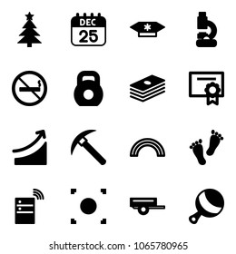 Solid vector icon set - christmas tree vector, 25 dec calendar, candy, lab, no smoking sign, weight, dollar, certificate, rise, rock axe, rainbow, feet, server wireless, record button, trailer