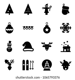 Solid vector icon set - christmas tree vector, santa claus, glove, ball, garland, snowflake, snowman, hat, deer, house, holly, ski, snowball