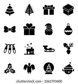 Solid vector icon set - christmas tree vector, gift, bow, santa claus, ball, garland, house, sleigh, holly, angel, snowball, elf