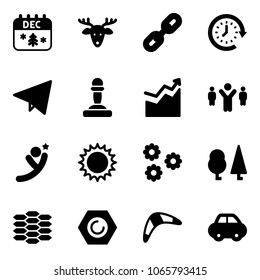 Solid vector icon set - christmas calendar vector, deer, link, clock around, paper fly, pawn, growth, team leader, flying man, sun, flower, forest, carbon, nut, boomerang, car